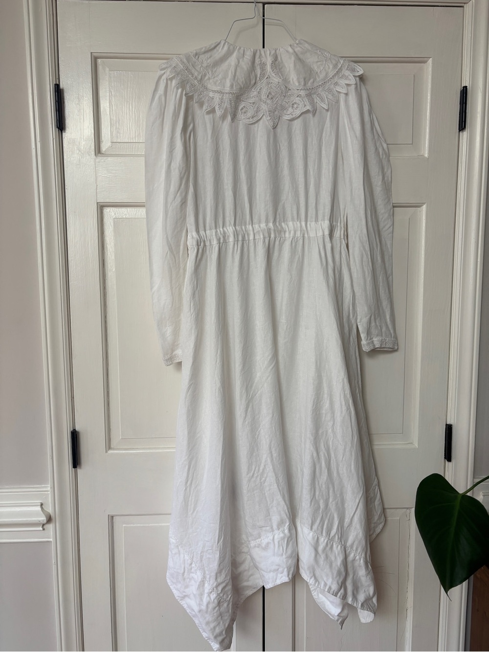 ULLA JOHNSON Fiona Midi Dress Bone White 100% Linen Size 8 Crochet Collar Tie - Picture 14 of 16